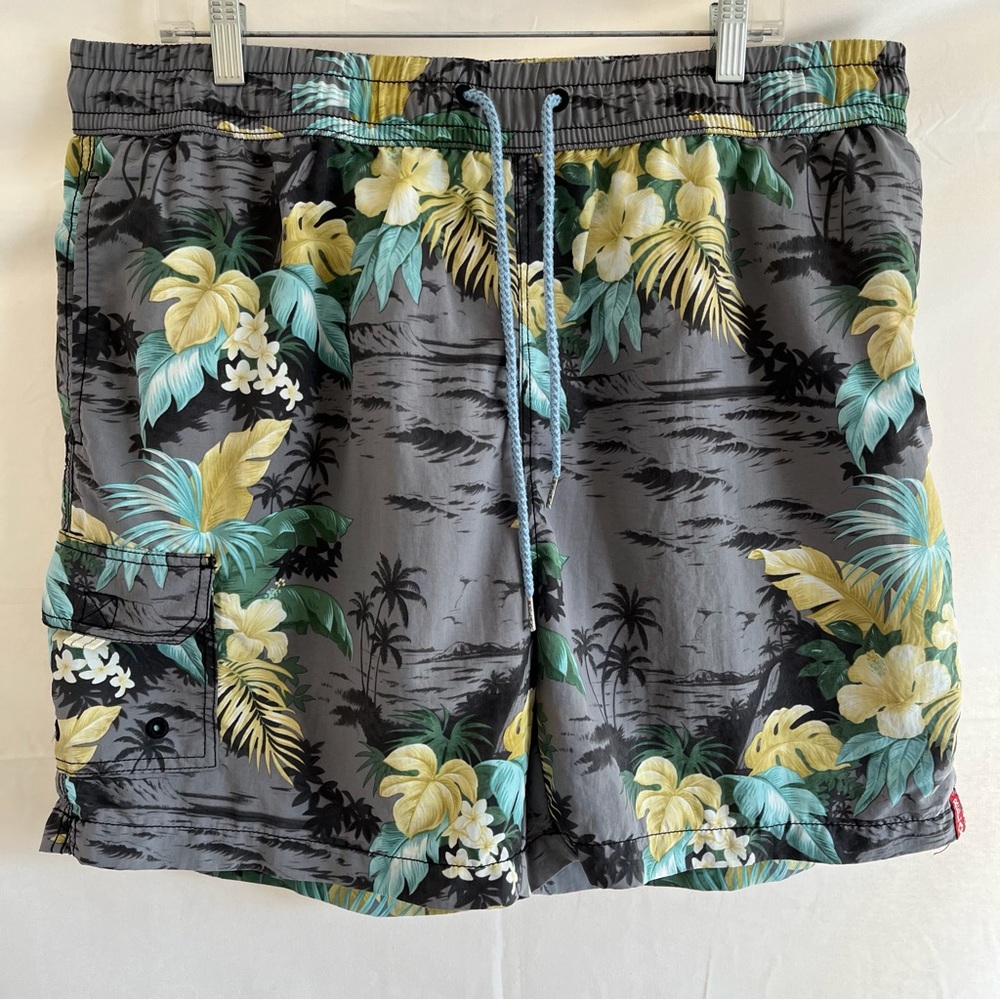 Tommy Bahama RELAX Swim Trunks Hawaiian Floral Print Gray, Light Blue Size XL